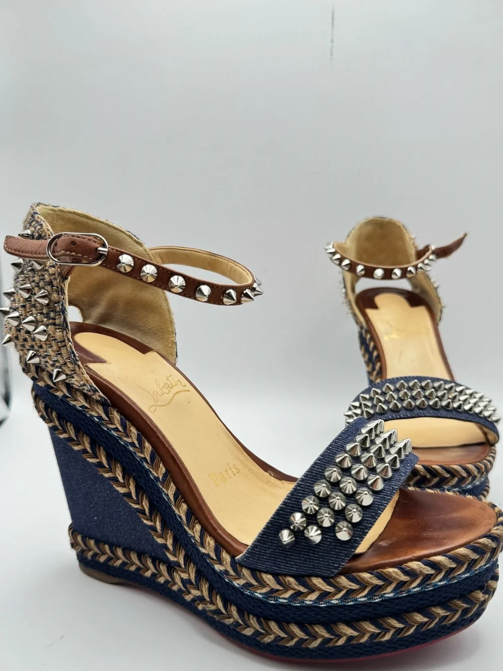 Christian Louboutin Madmonica 120 Denim Studded Wedge Sandals EU 36